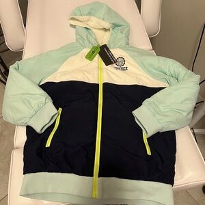 Girls justice Reversible super soft sherpa jacket size 10 navy/aqua colorblock